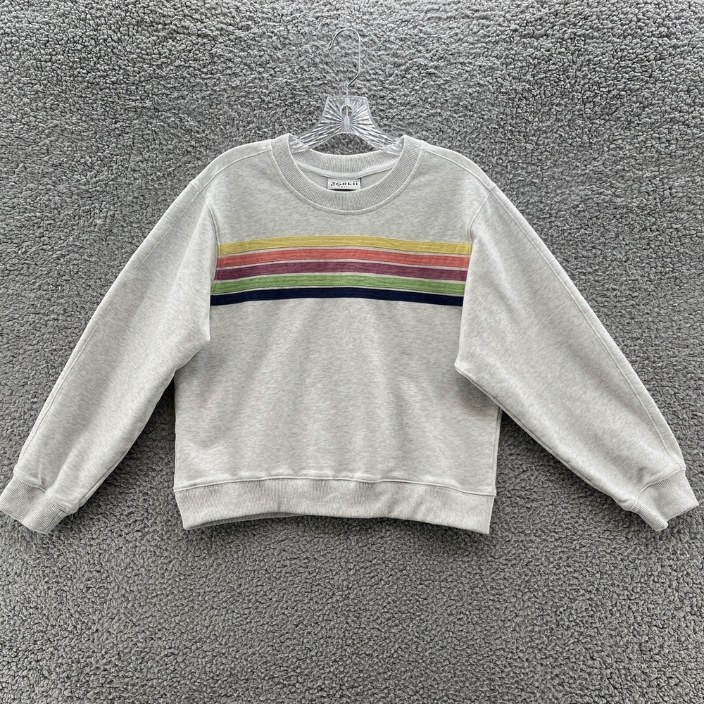 The Greii Sweatshirt Women Small Gray Colorful Striped Rainbow Crop Pullover Top
